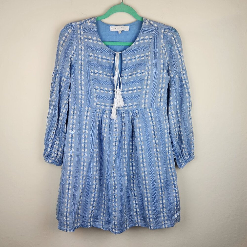 Designers Society Boho Peasant Gauzy Long Sleeve Mini Dress Blue White sz S